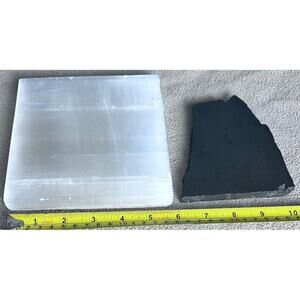 Selenite Charging Plate + Black Stone Slab Set Crystal Healing Display Decor